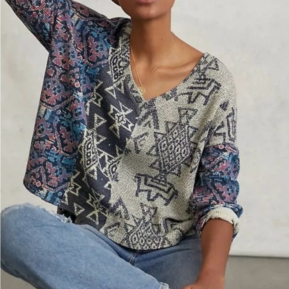 PILCRO ANTHROPOLOGIE Womens Moira Thermal Top Aztec Boho Print Boxy Oversize XS